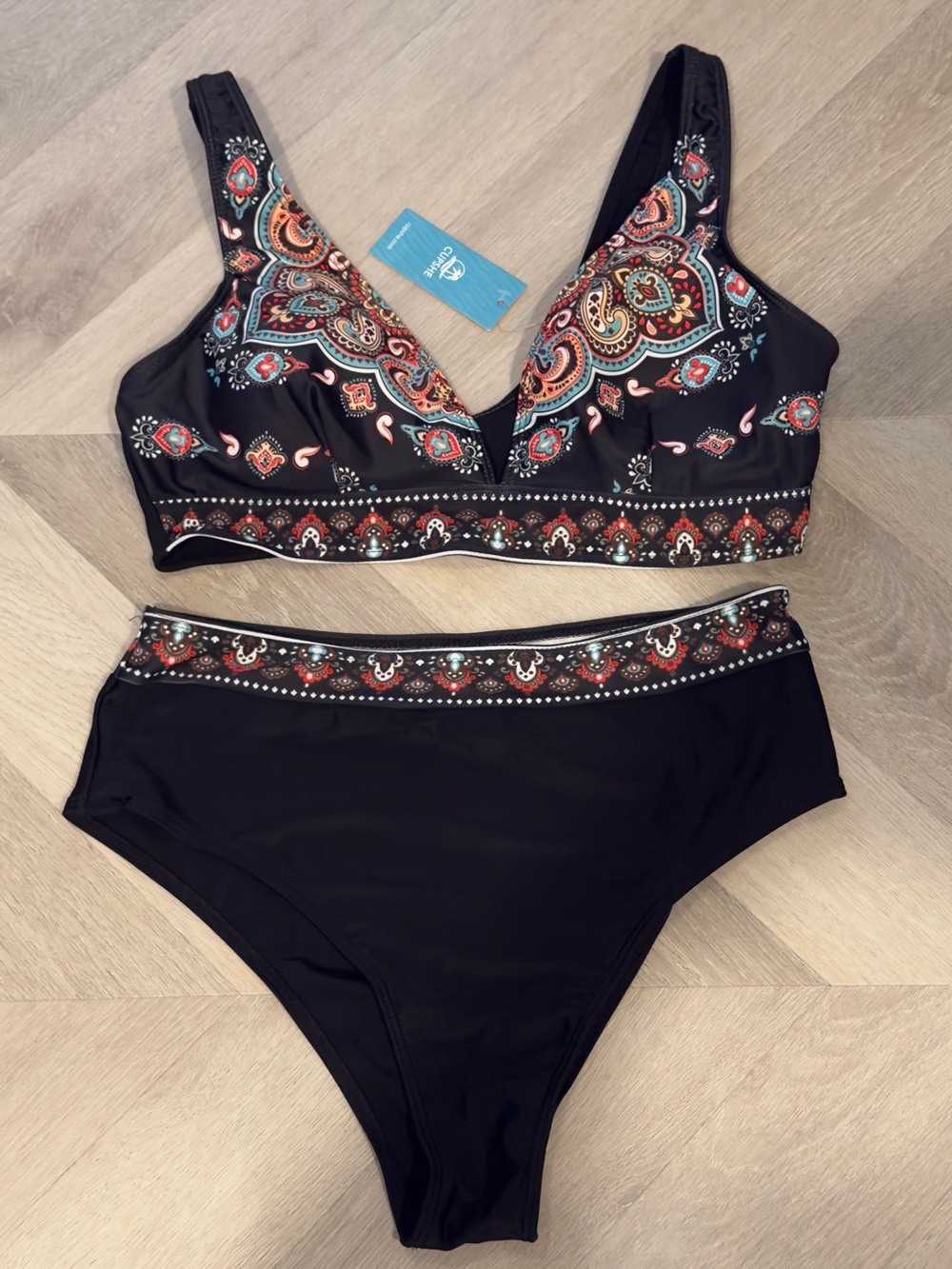 Black Paisley-Print Women's High Waisted Bikini Set - Large